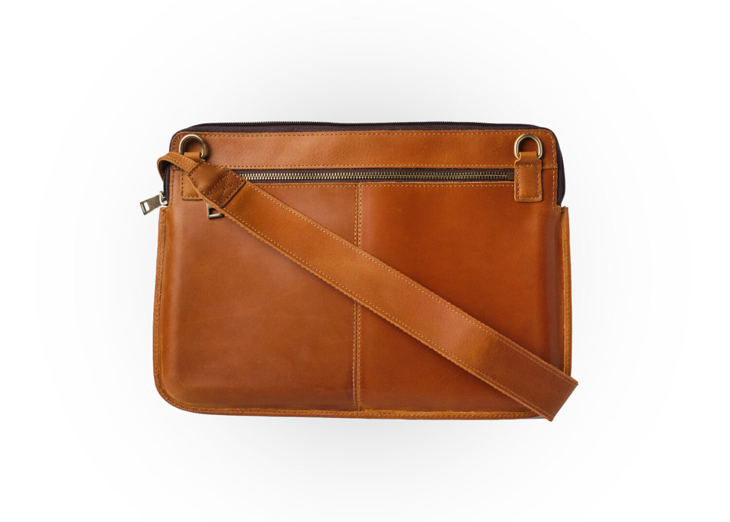 A brown leather bag with a strap