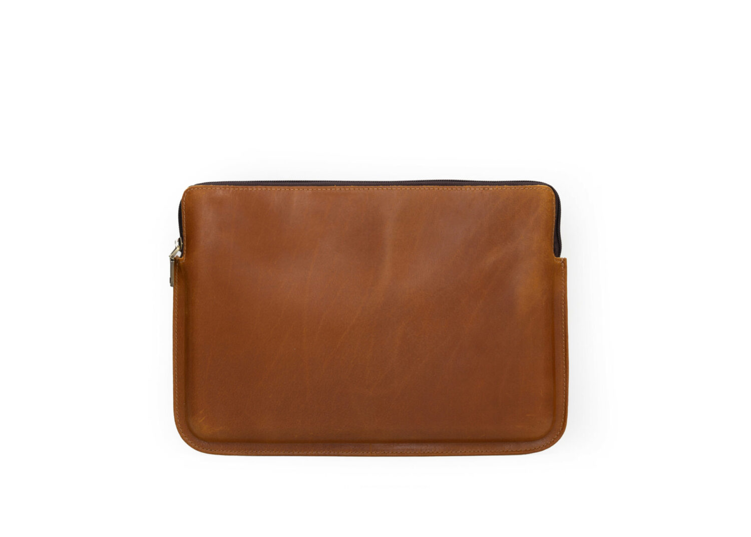 A brown leather pouch with zipper