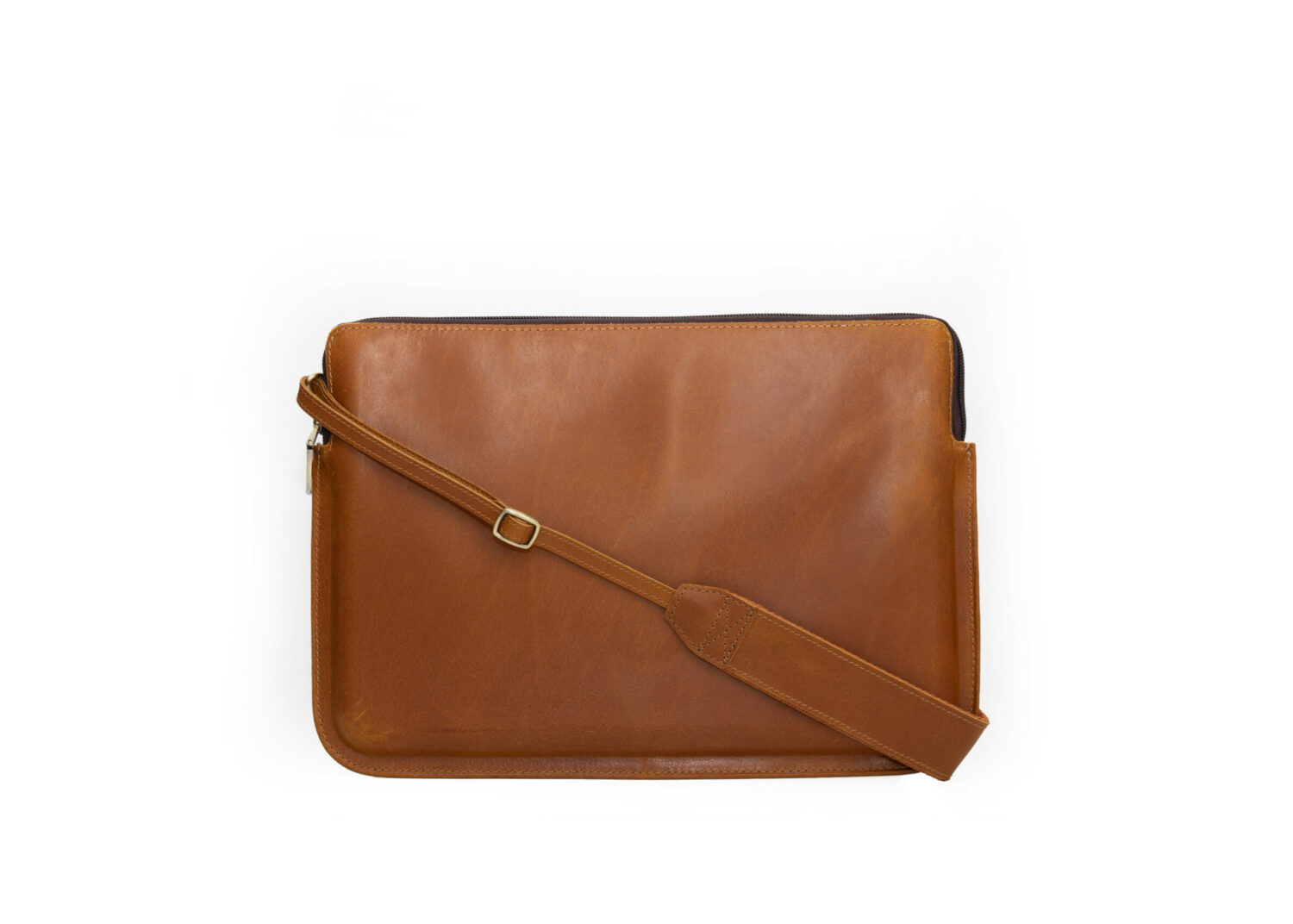 A brown leather bag with a strap